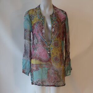 Women Blush Multicolor Sheer Paisley Floral Beaded V-Neck Tunic Top Blouse M/L